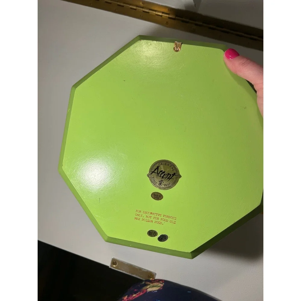 Octagonal Wooden Wall Plaque Hand Painted Green Leaf Vine Red Yellow 12 Inch